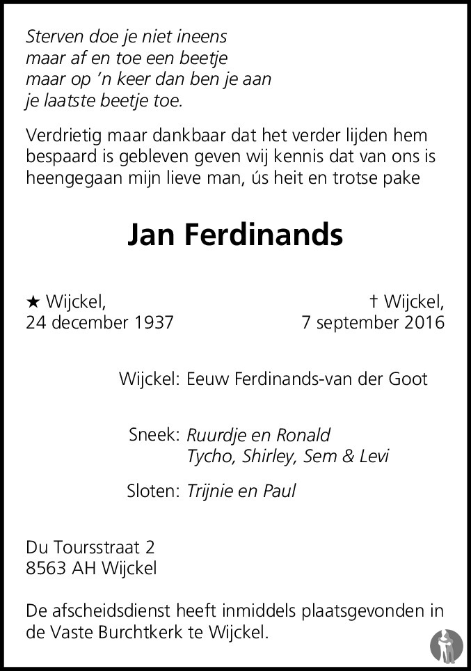 Jan Ferdinands 07092016 overlijdensbericht en condoleances