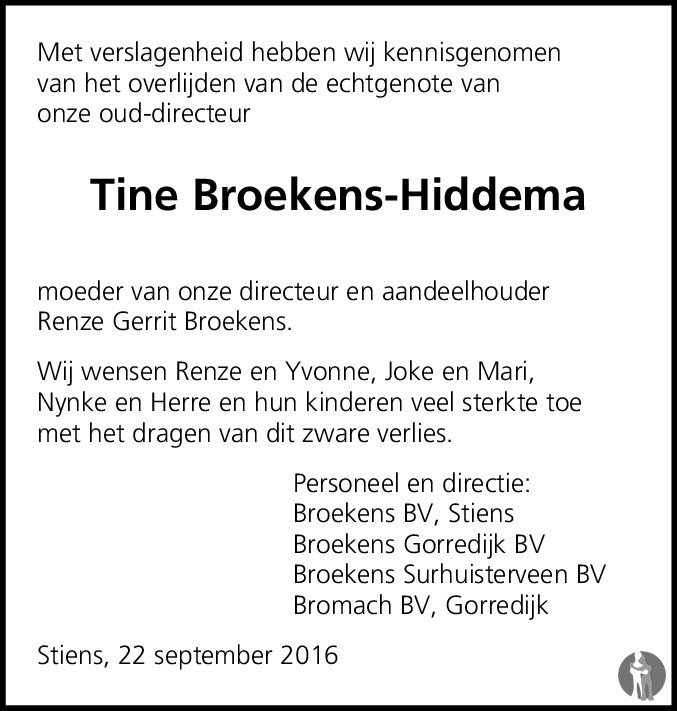religie vrek Acrobatiek Tine Broekens - Hiddema ✝ 22-09-2016 overlijdensbericht en condoleances -  Mensenlinq.nl