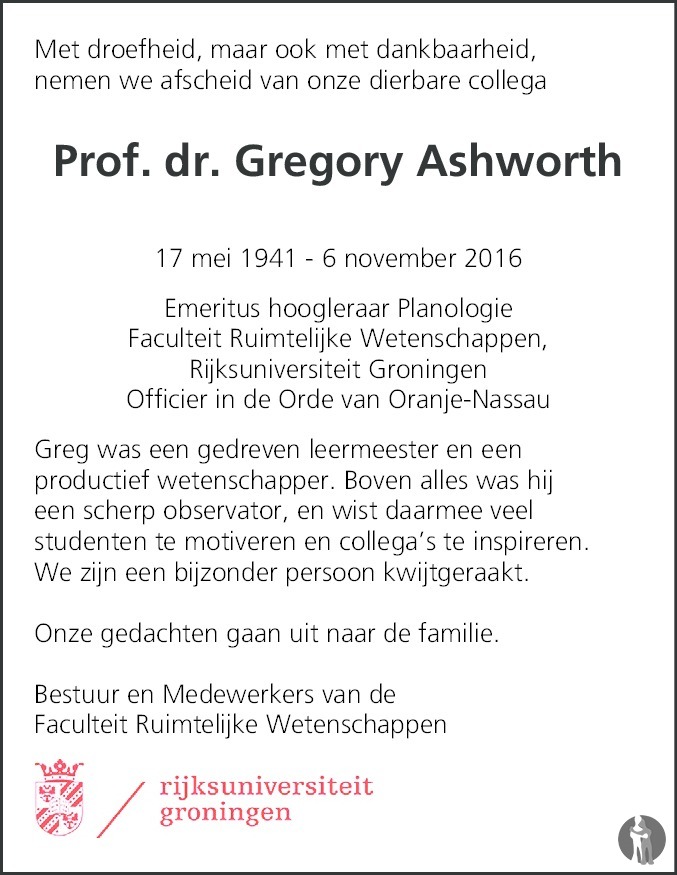 Overlijdensbericht van Professor Dr. Gregory Johan Ehus Ashworth in Dagblad van het Noorden