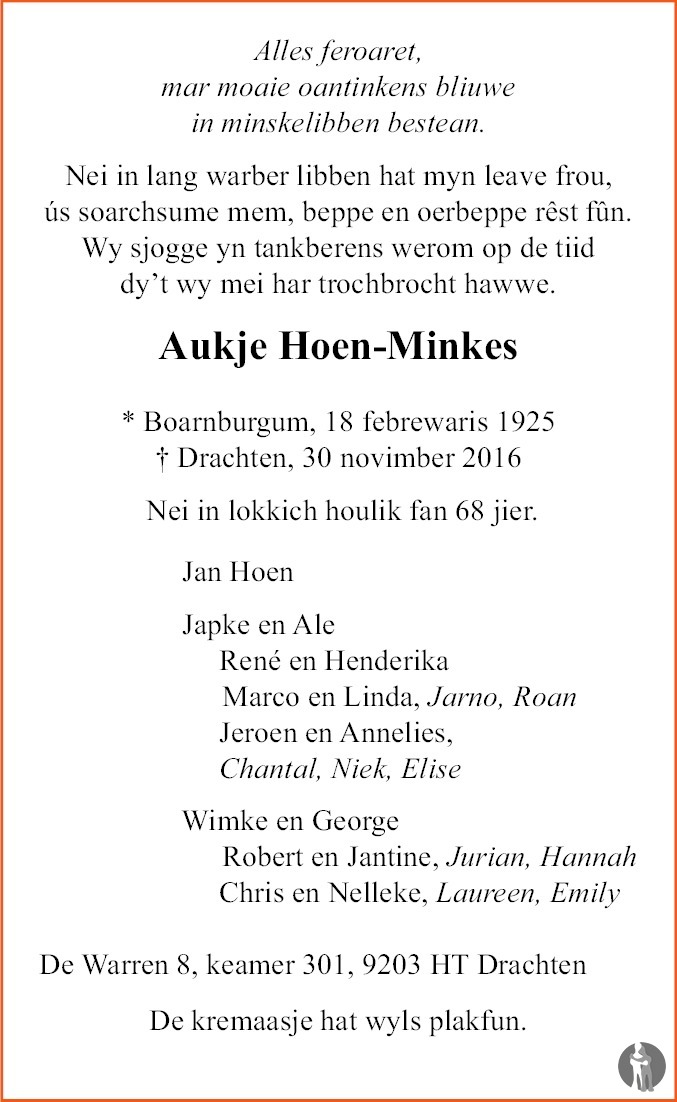 Aukje Hoen - Minkes 30-11-2016 overlijdensbericht en condoleances ...