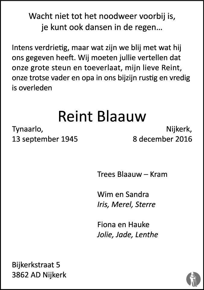 Reint Blaauw 08122016 overlijdensbericht en condoleances Mensenlinq.nl