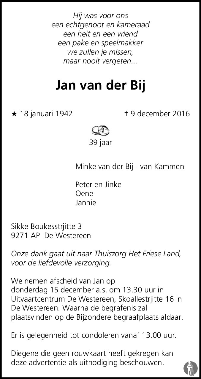 Jan van der Bij 09-12-2016 overlijdensbericht en condoleances ...