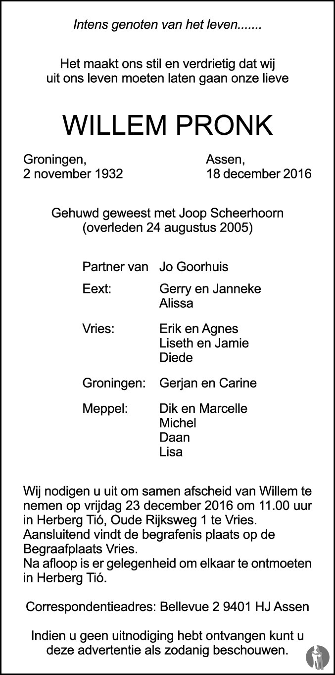 Willem Pronk 18-12-2016 overlijdensbericht en condoleances - Mensenlinq.nl