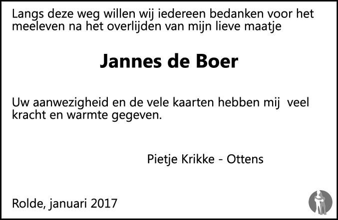 Jannes De Boer 06-12-2016 Overlijdensbericht En Condoleances 