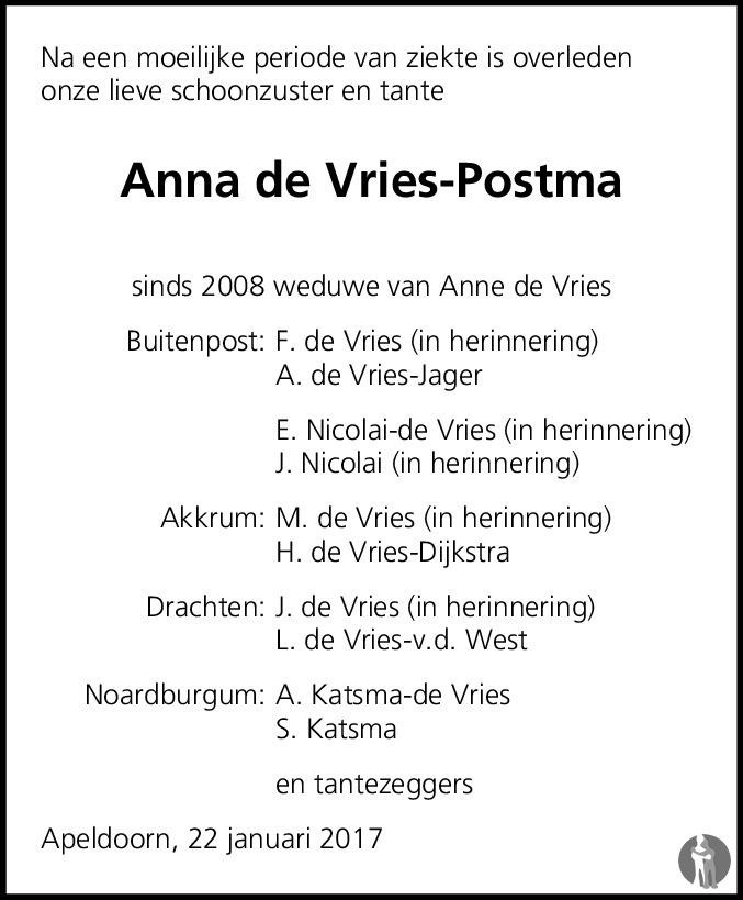 Antje Anna De Vries Postma Overlijdensbericht En Condoleances Mensenlinq Nl