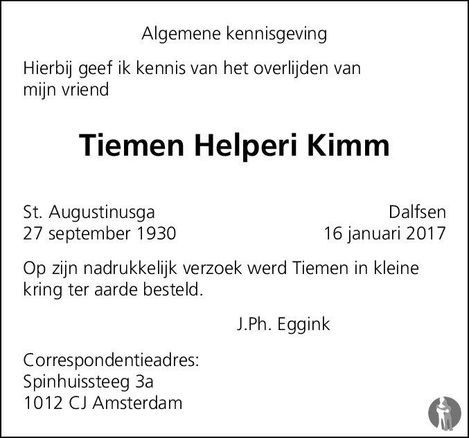 Overlijdensbericht van Tiemen Helperi Kimm in Dagblad van het Noorden