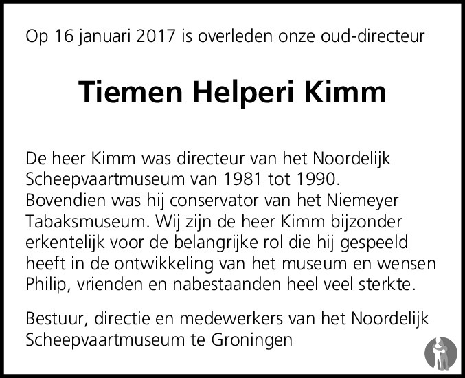 Overlijdensbericht van Tiemen Helperi Kimm in Dagblad van het Noorden