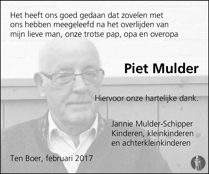 Pieter Mulder 18122016 overlijdensbericht en condoleances Mensenlinq.nl