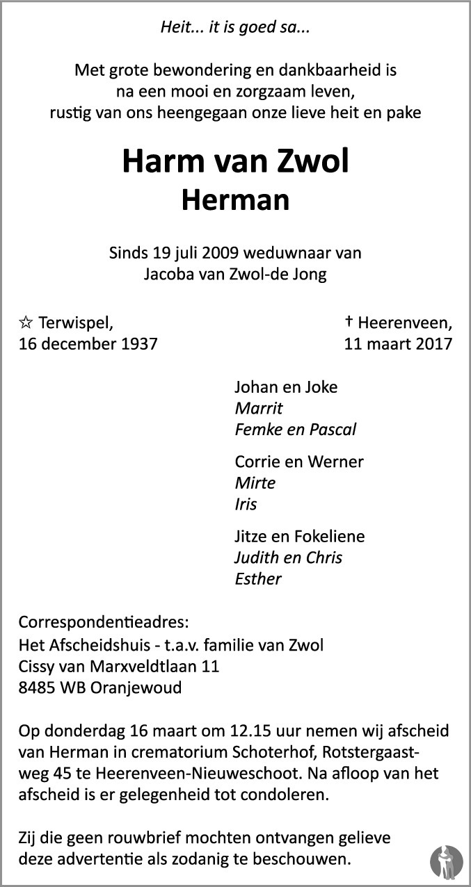 Harm (Herman) van Zwol 11-03-2017 overlijdensbericht en condoleances ...