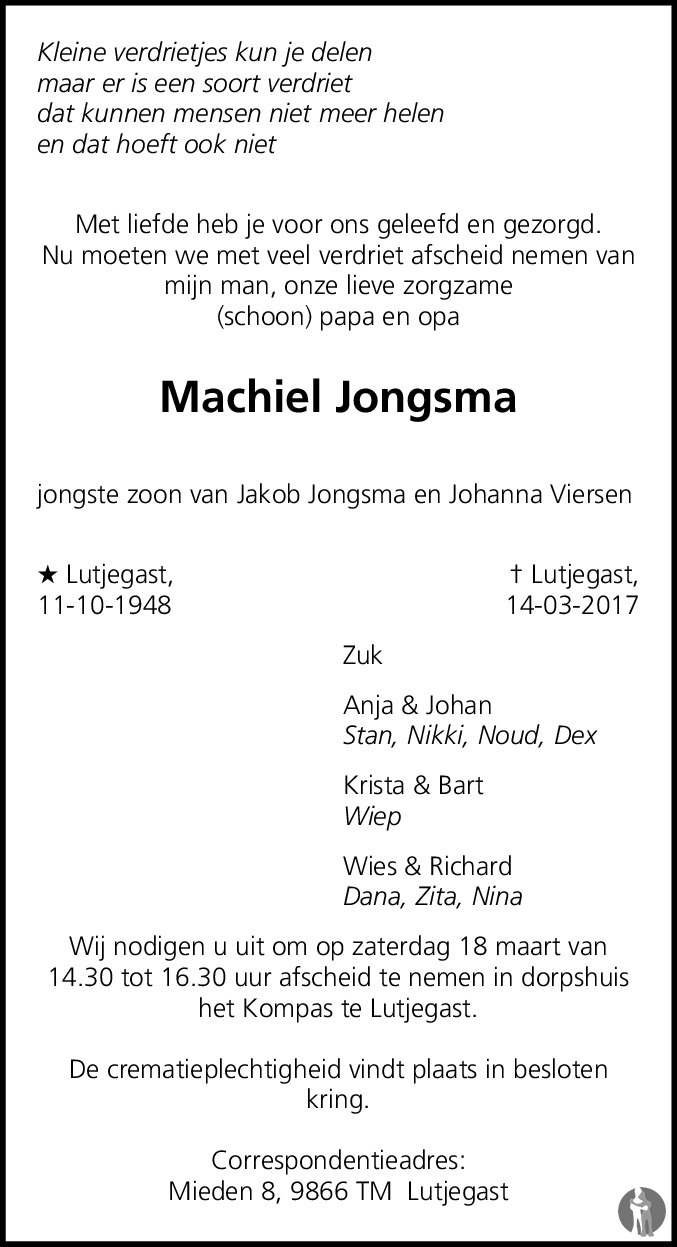 Machiel Jongsma 14 03 2017 Overlijdensbericht En Condoleances Mensenlinq Nl