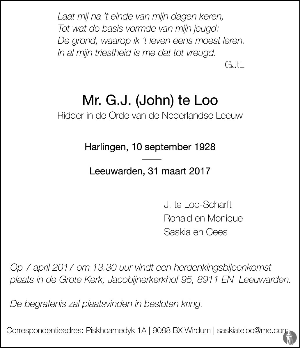 Mr G J John Te Loo 31 03 17 Overlijdensbericht En Condoleances Mensenlinq Nl