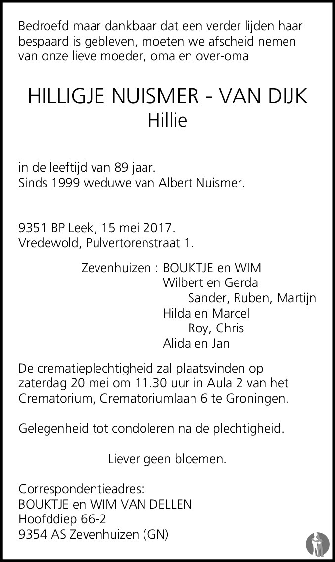 Hilligje (Hillie) Nuismer - van Dijk 15-05-2017 overlijdensbericht en ...