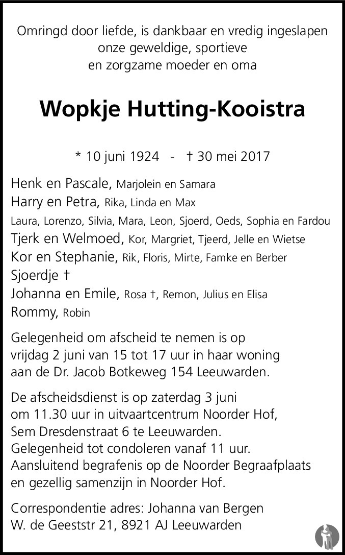 Overlijdensbericht van Wopkje Hutting - Kooistra in Leeuwarder Courant