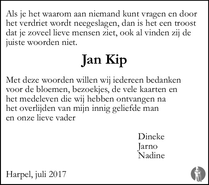 Jan Kip 08052017 overlijdensbericht en condoleances Mensenlinq.nl