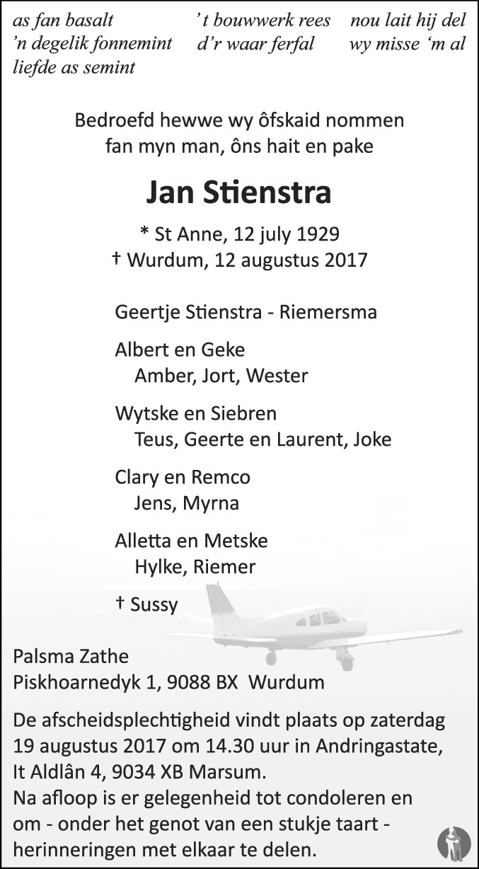 Jan Stienstra 12082017 overlijdensbericht en condoleances Mensenlinq.nl
