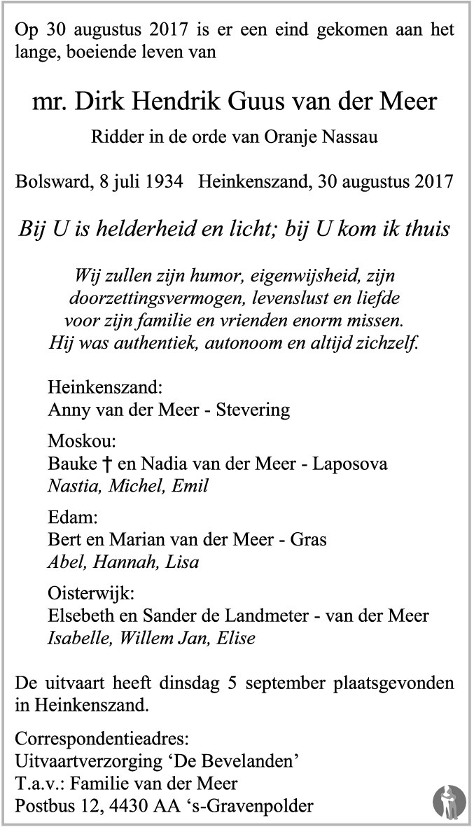 Overlijdensbericht van  mr. Dirk Hendrik Guus van der Meer in Zuidwest-Friesland Combinatie