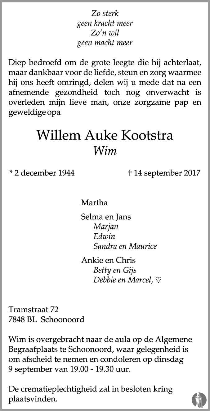 Willem Auke (Wim) Kootstra 14-09-2017 overlijdensbericht en ...