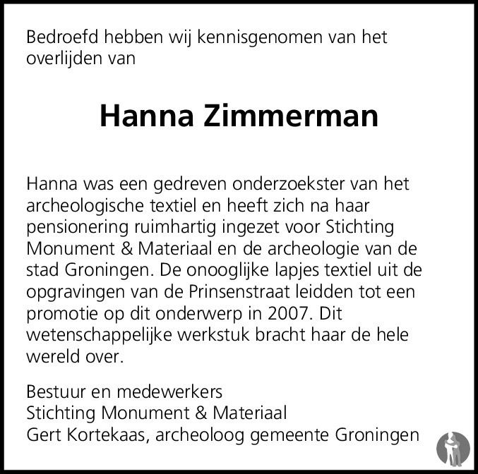 Overlijdensbericht van Hanna Zimmerman in Dagblad van het Noorden