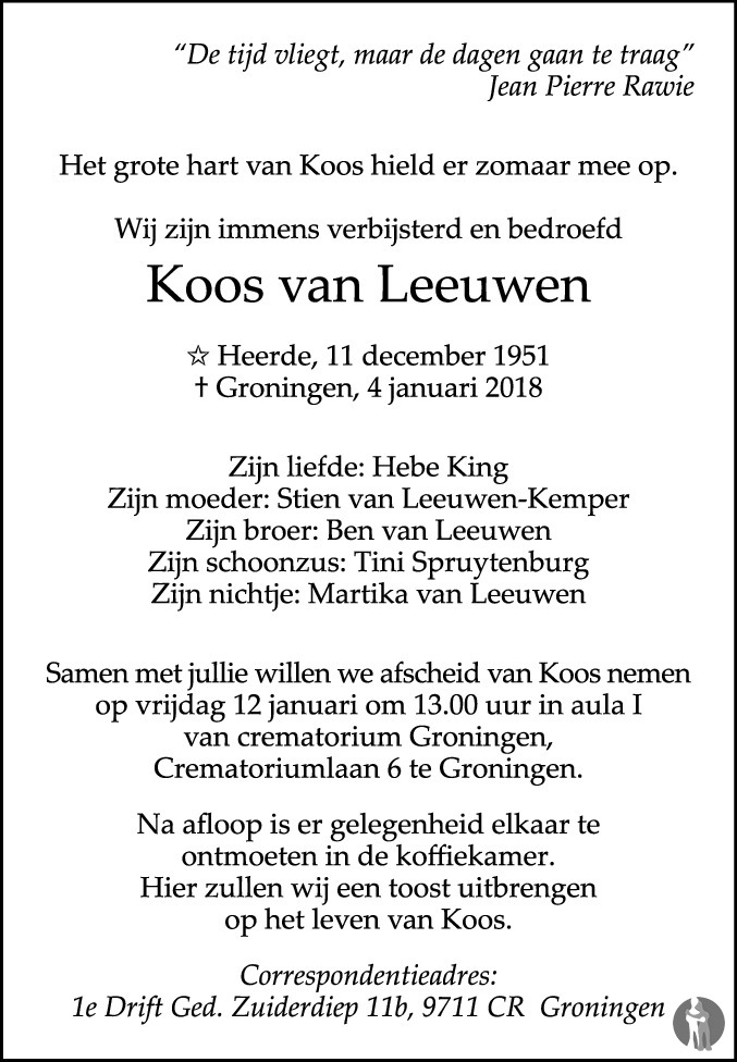 Koos van Leeuwen 04-01-2018 overlijdensbericht en condoleances ...