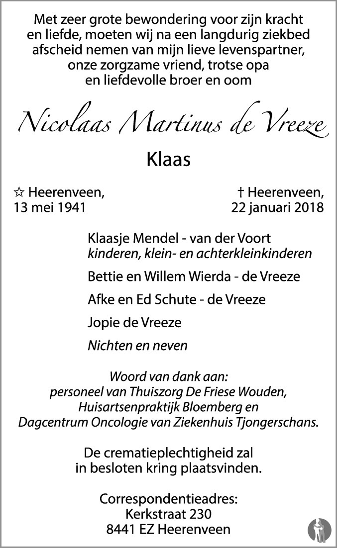 Nicolaas Martinus (Klaas) de Vreeze 22-01-2018 overlijdensbericht en ...