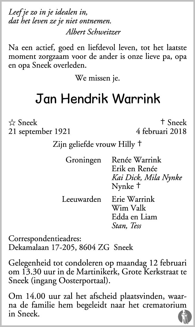 Jan Hendrik Warrink 04-02-2018 overlijdensbericht en condoleances ...