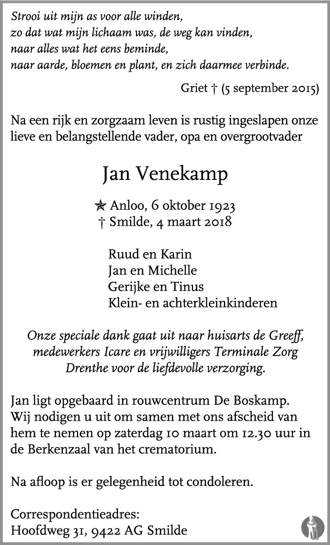 Jan Venekamp 04-03-2018 overlijdensbericht en condoleances - Mensenlinq.nl