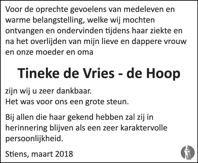 Tineke De Vries - De Hoop ✝ 29-12-2017 Overlijdensbericht En Condoleances -  Mensenlinq.Nl