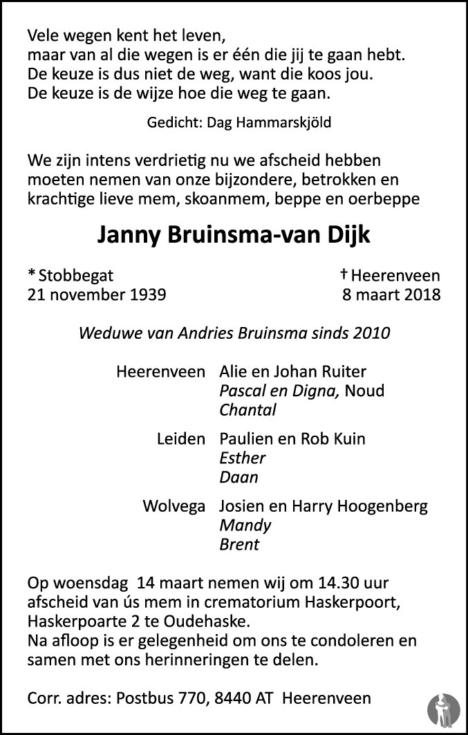 Janny Bruinsma - van Dijk 08-03-2018 overlijdensbericht en condoleances ...