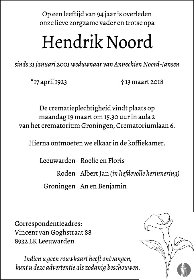 Hendrik Noord 13032018 overlijdensbericht en condoleances Mensenlinq.nl