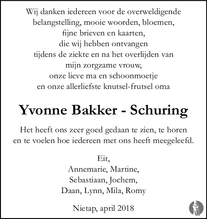 Yvonne Bakker Schuring 06022018 overlijdensbericht en condoleances