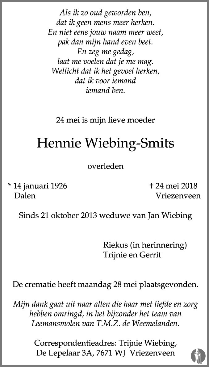 Hennie Wiebing - Smits 24-05-2018 overlijdensbericht en condoleances ...