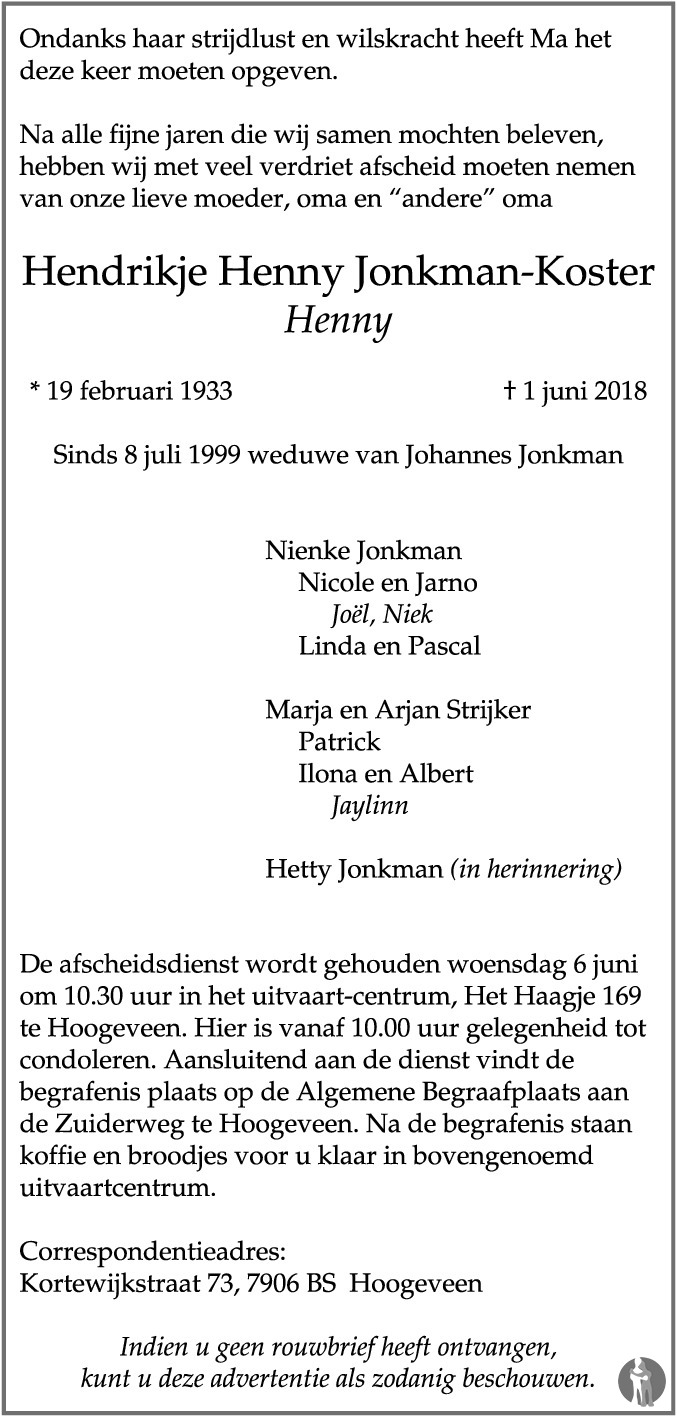 Hendrikje Henny (Henny) Jonkman - Koster 01-06-2018 overlijdensbericht ...