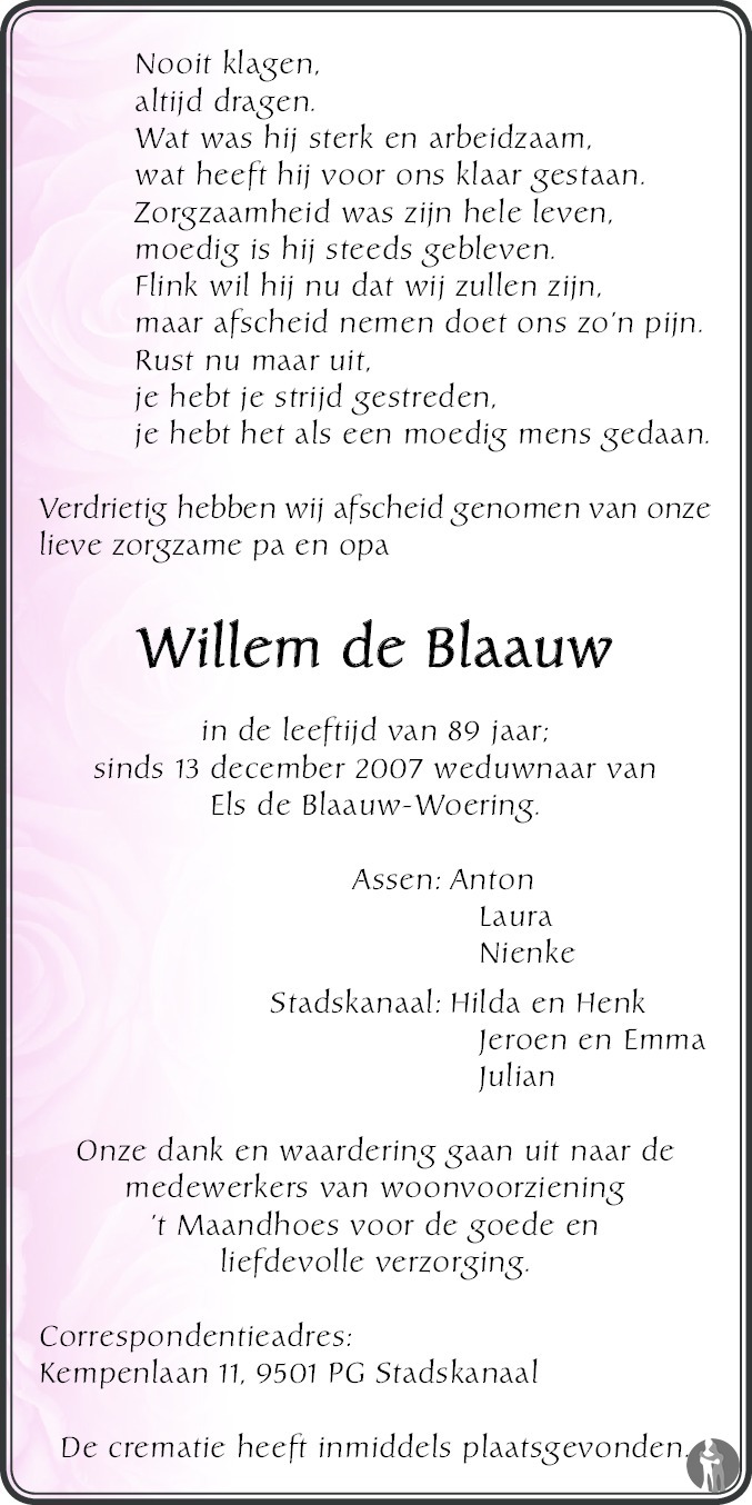 Willem de Blaauw 05062018 overlijdensbericht en condoleances