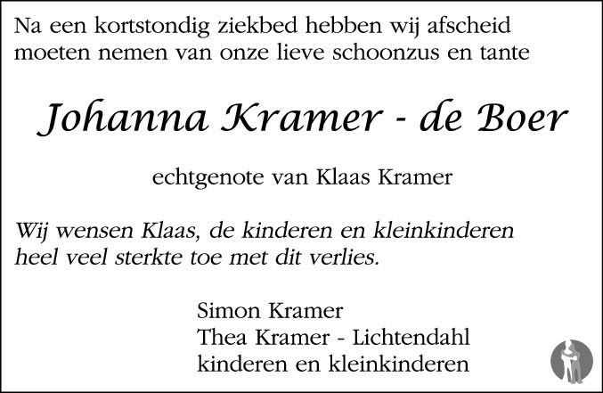 Johanna (Hanna) Kramer de Boer 13062018 overlijdensbericht en