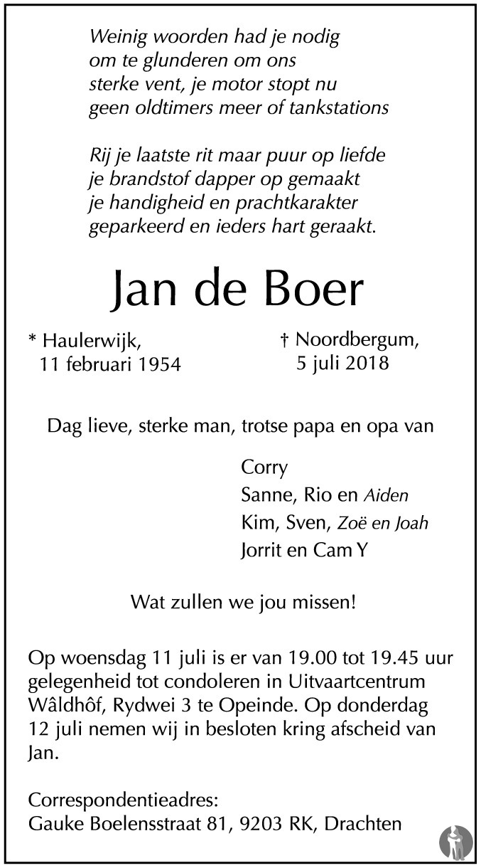 Jan de Boer 05-07-2018 overlijdensbericht en condoleances - Mensenlinq.nl