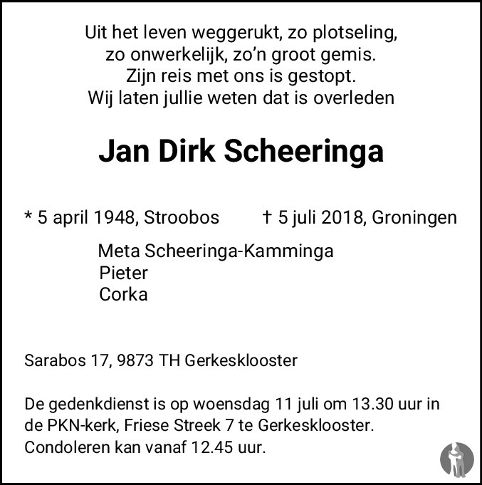 Jan Dirk Scheeringa 05-07-2018 overlijdensbericht en condoleances ...