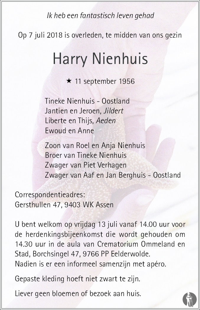 Overlijdensbericht van Harry Nienhuis in Dagblad van het Noorden