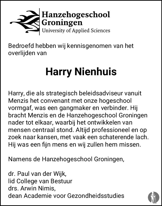 Overlijdensbericht van Harry  Nienhuis in Dagblad van het Noorden