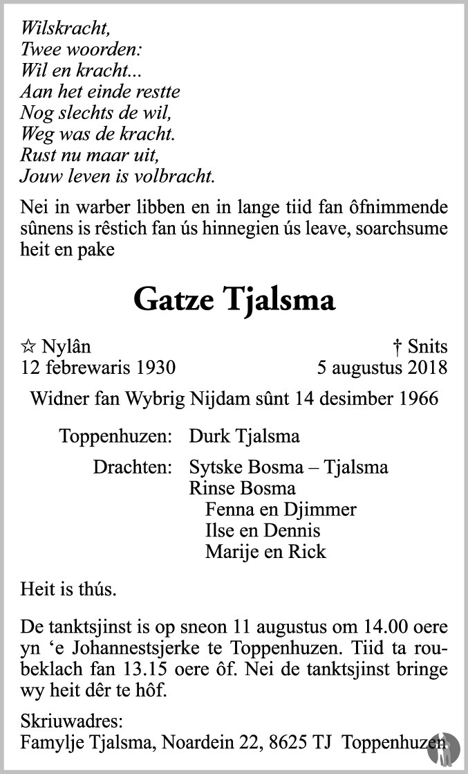 Overlijdensbericht van Gatze Tjalsma in Leeuwarder Courant