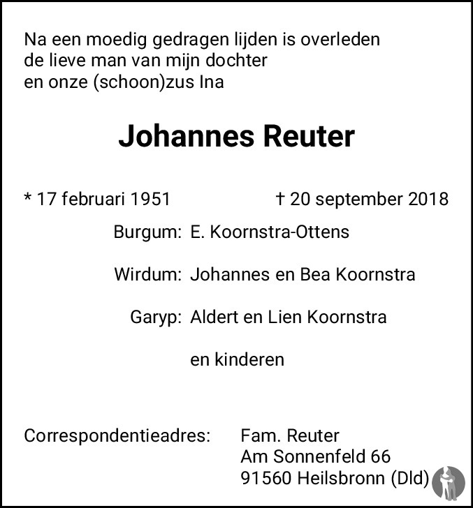 Johannes Reuter 20092018 overlijdensbericht en condoleances