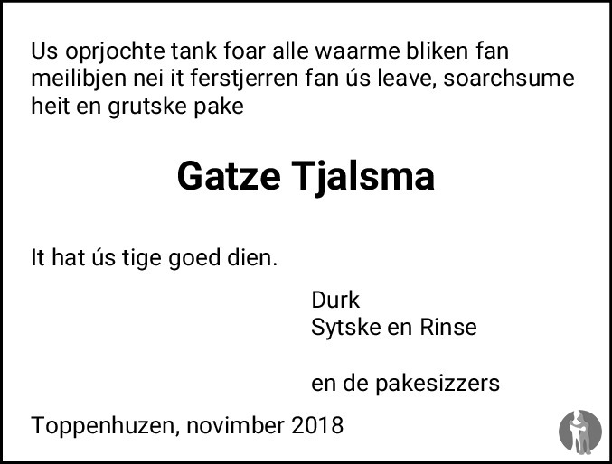 Overlijdensbericht van Gatze Tjalsma in Sneeker Nieuwsblad