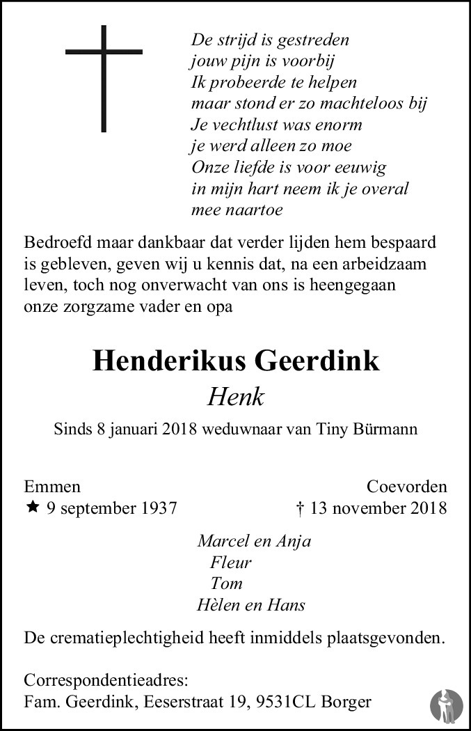 Henderikus (Henk) Geerdink 13-11-2018 overlijdensbericht en ...