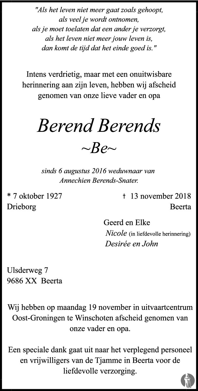 Overlijdensbericht van Berend (Be) Berends in Streekblad/Pekelder Streekblad