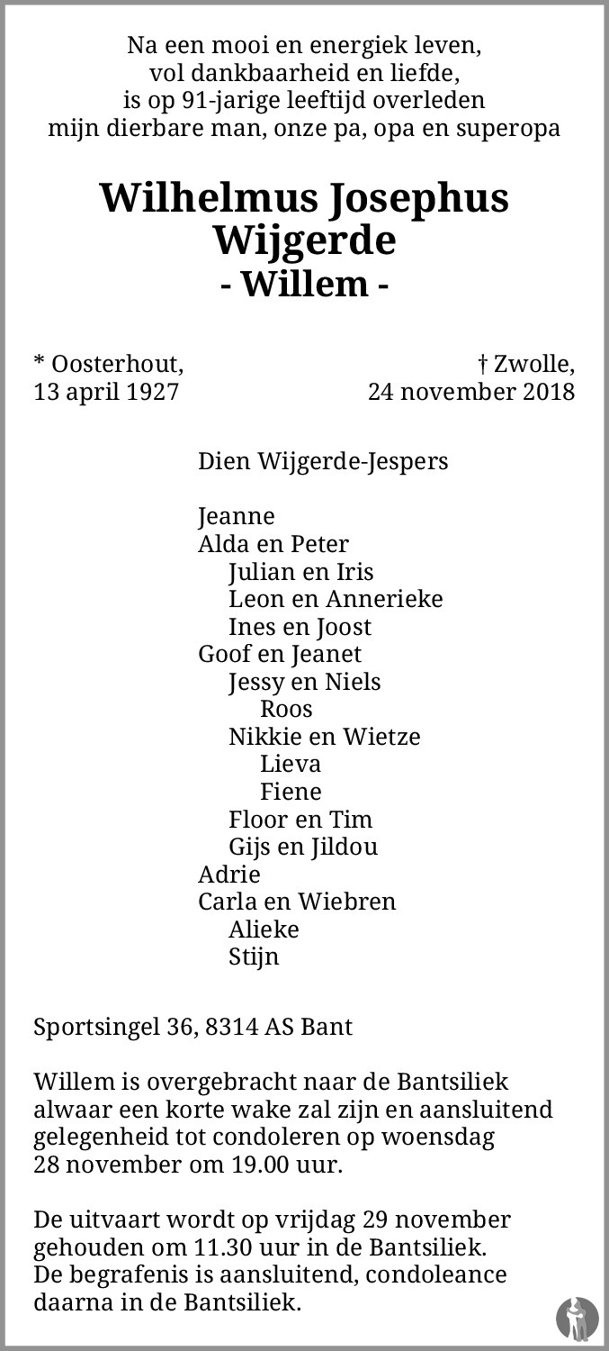 Wilhelmus Josephus (Willem) Wijgerde 24112018 overlijdensbericht en