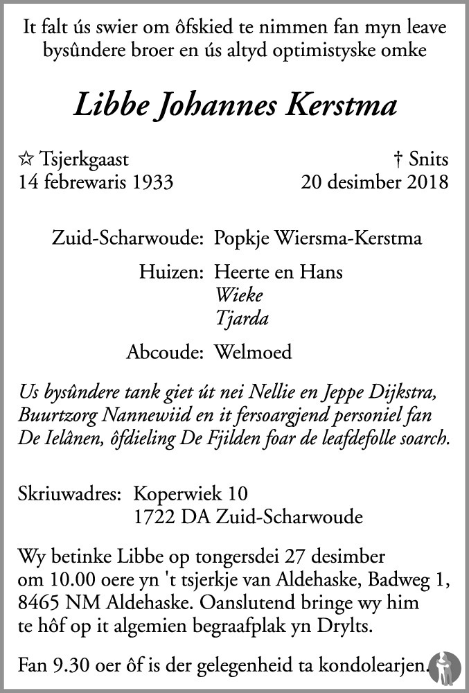 Overlijdensbericht van Libbe Johannes Kerstma in Leeuwarder Courant
