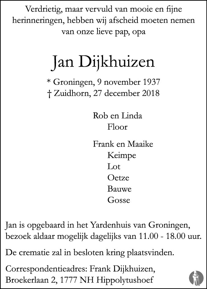 Jan Dijkhuizen 27-12-2018 overlijdensbericht en condoleances ...