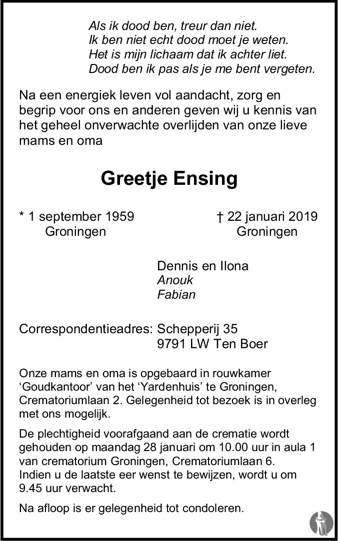Greetje Ensing 22012019 overlijdensbericht en condoleances Mensenlinq.nl