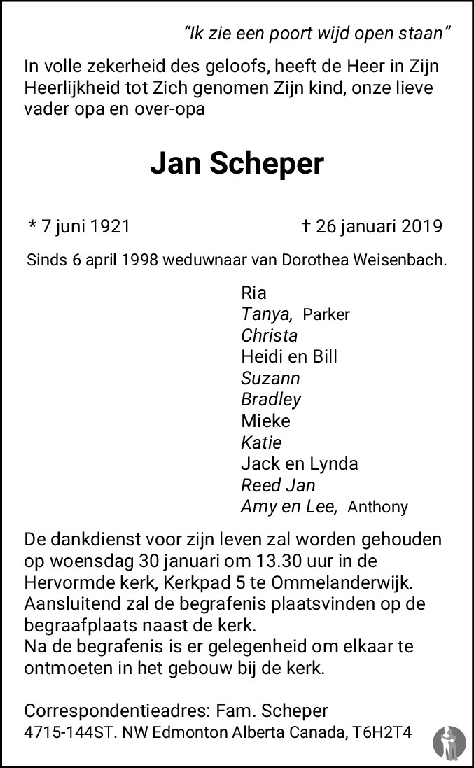 Jan Scheper 26012019 overlijdensbericht en condoleances Mensenlinq.nl