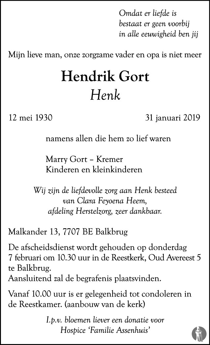Hendrik (Henk) Gort 31-01-2019 overlijdensbericht en condoleances ...