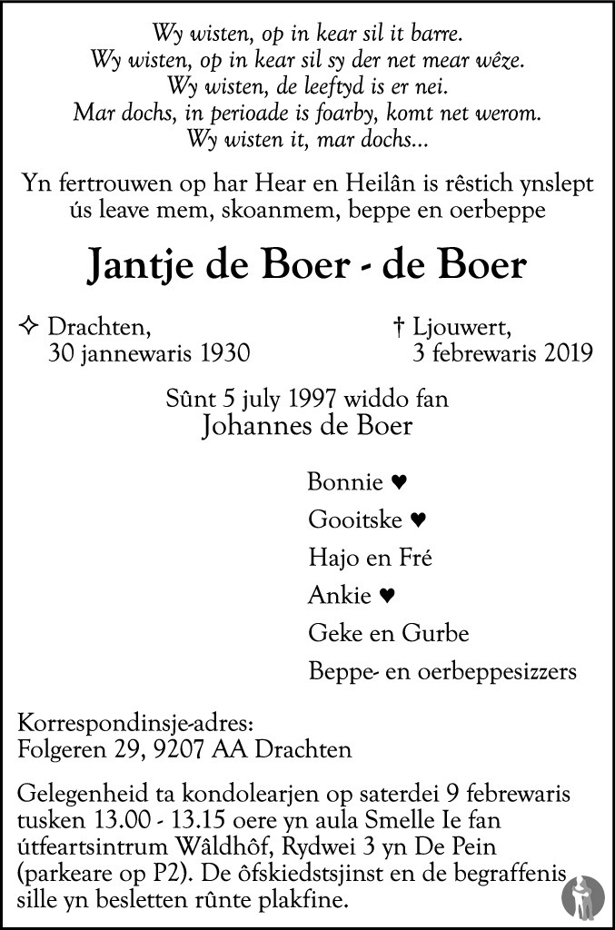 Jantje de Boer - de Boer 03-02-2019 overlijdensbericht en condoleances ...